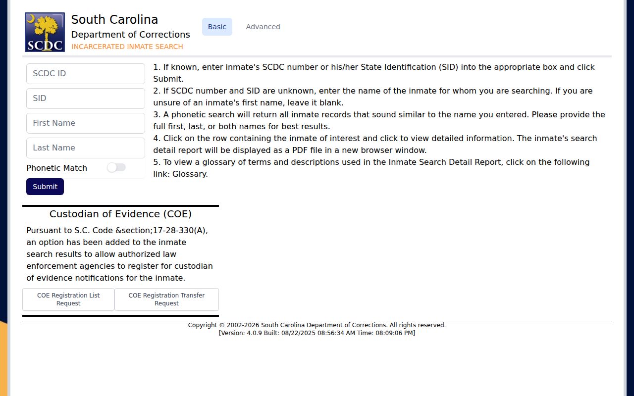 Official SCDC current inmate search with projected release date fields