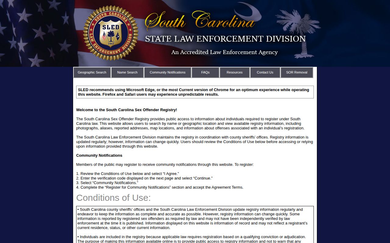 South Carolina SLED Sex Offender Registry official conditions and search entry
